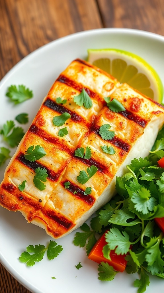 Grilled tilapia fillet garnished with cilantro, served with salad and lime on a rustic table.